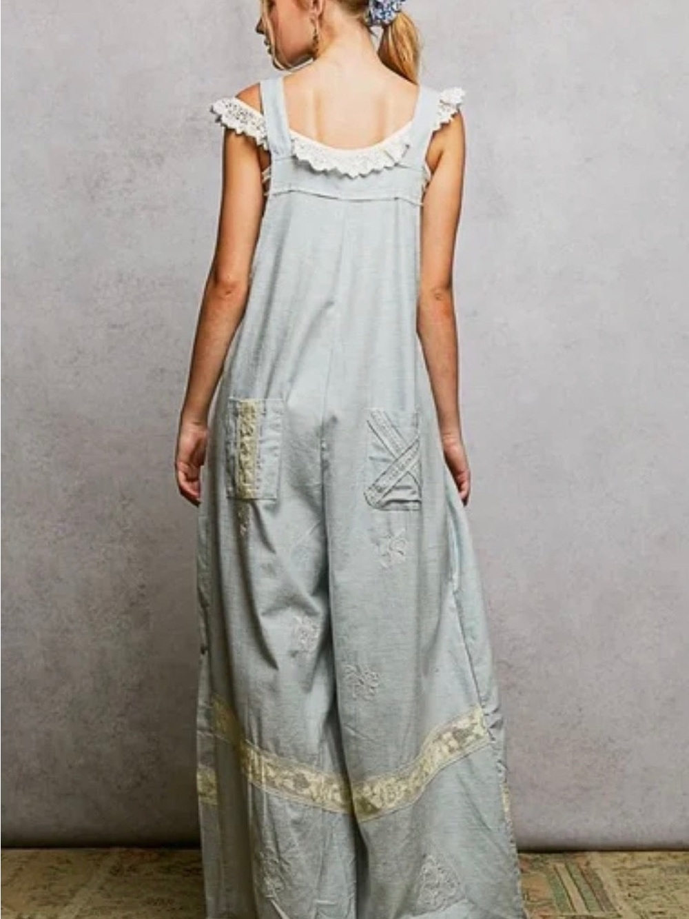 POL Boho Wide-Leg Overalls in Light Blue with Crochet Detailing - Picture 13 of 16